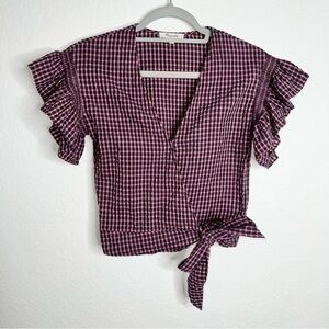 Madewell Top Women XS Plaid Wrap Shirt Ruffled Burgundy Blue Blouse Front Tie P